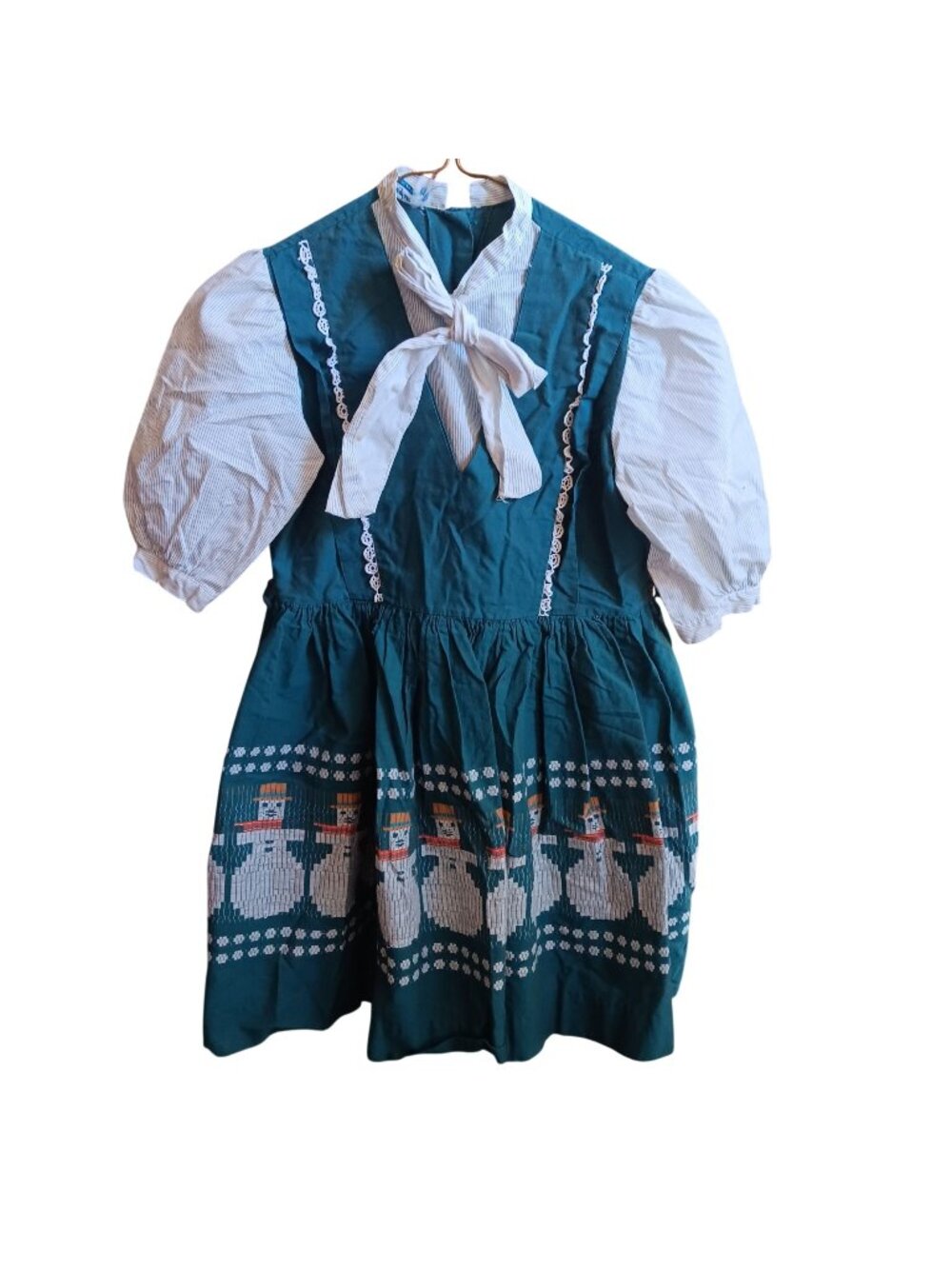Vintage Girls 10 1950's Roebuck Snowman Print Dress With Striped Puff Sleeves